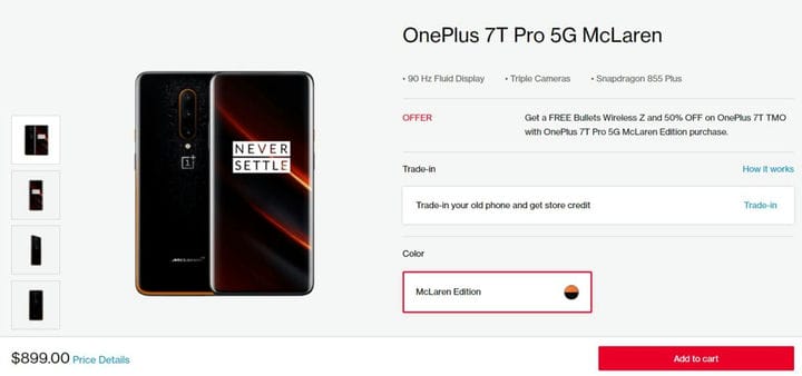 Сделка: скидка 150 долларов на OnePlus 7T Pro McLaren и бесплатные наушники Bullets Z