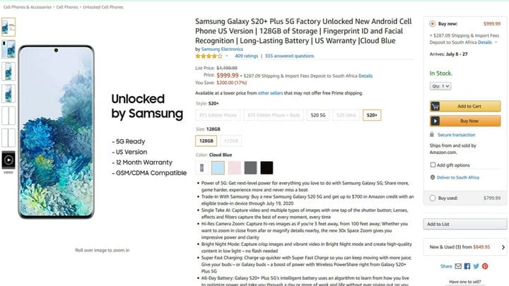 Сделка: Samsung Galaxy S20 Plus теперь на 200 долларов дешевле на Amazon
