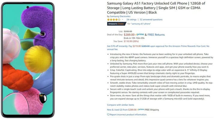 Сделка: сэкономьте 28% на Samsung Galaxy A51 (только сегодня!)