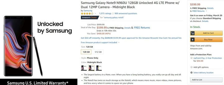 Galaxy Note 9 сейчас по самой низкой цене на Amazon