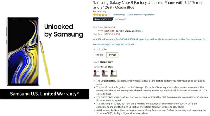 Сделка: получите Samsung Galaxy Note 9 512 ГБ всего за 636 долларов