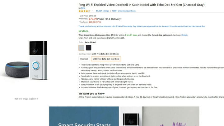 Сделка: получите видеодомофон Ring Video Doorbell и Amazon Echo Dot всего за 80 долларов (скидка 70 долларов)